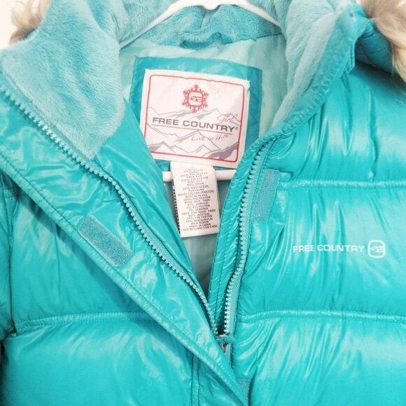 Free Country Girls 14 Ultra Light Down Teal Parka Jacket Removable Faux Fur Hood - Picture 4 of 6